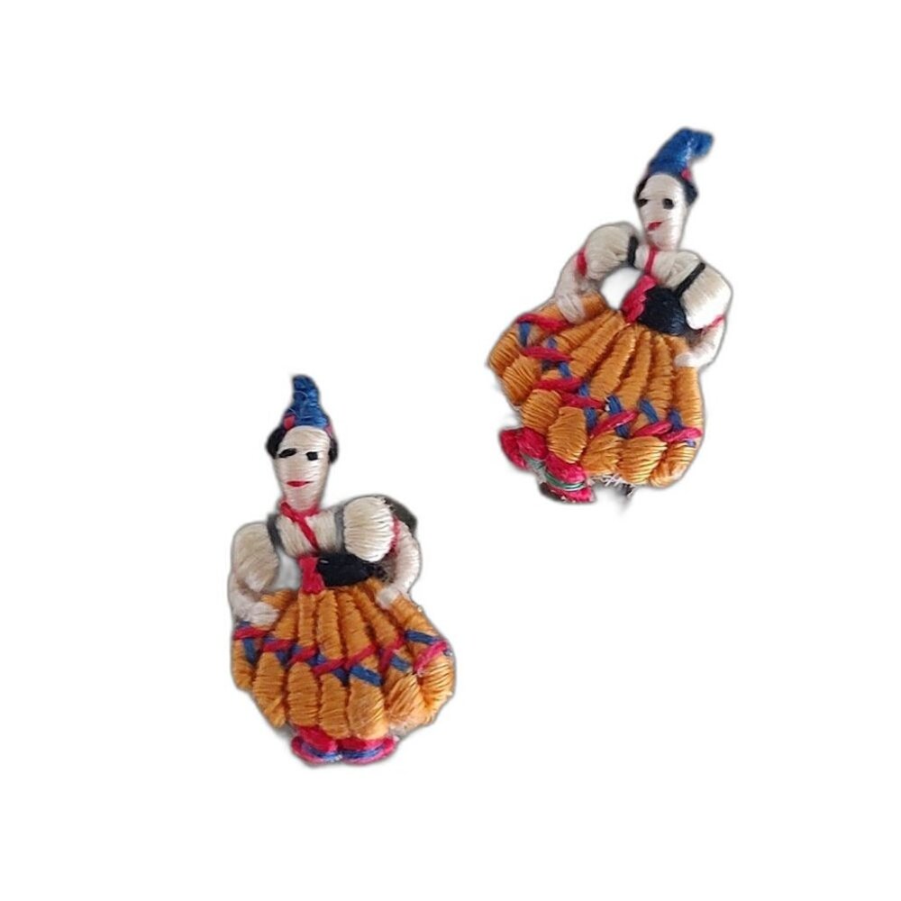 💃HP! 💃Vtg Guatamalan Worry Dolls Clip-on Handmade Earrings Embroidered Mini